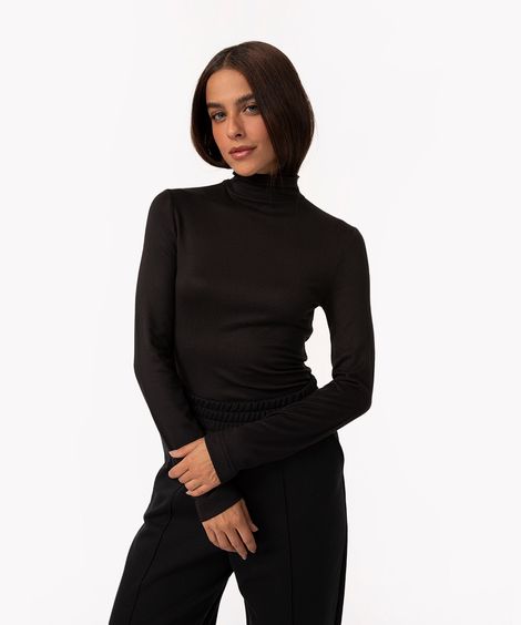 blusa básica alongada gola alta preto - preto