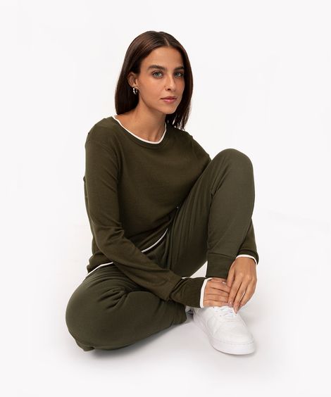 suéter de tricô básico bicolor verde militar