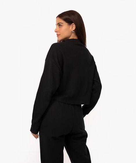 blusa texturizada básica manga longa verde - preto