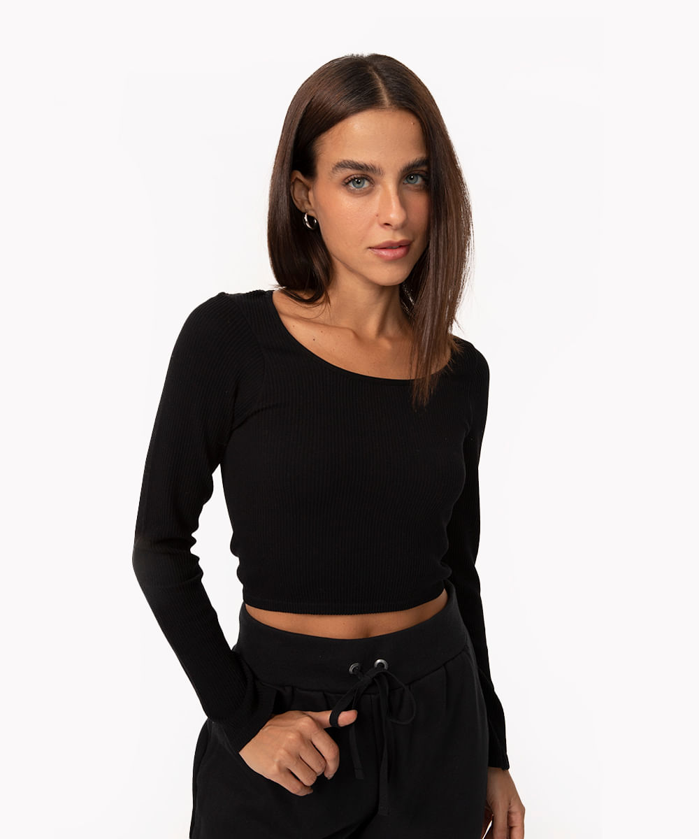 blusa de poliamida canelada cropped manga longa preto - C&A