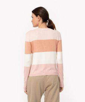 suéter de tricô listrado decote redondo bege claro