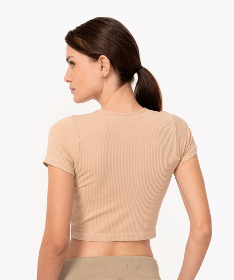 blusa cropped de poliamida básica manga curta bege