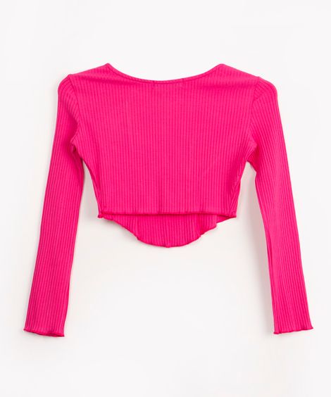 blusa cropped juvenil com recortes manga longa pink