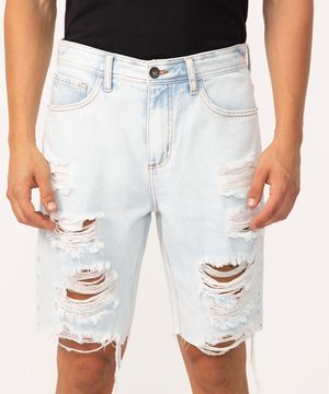 bermuda jeans slim com rasgos e bolsos azul claro