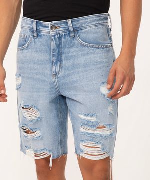 bermuda jeans slim com rasgos e bolsos azul médio