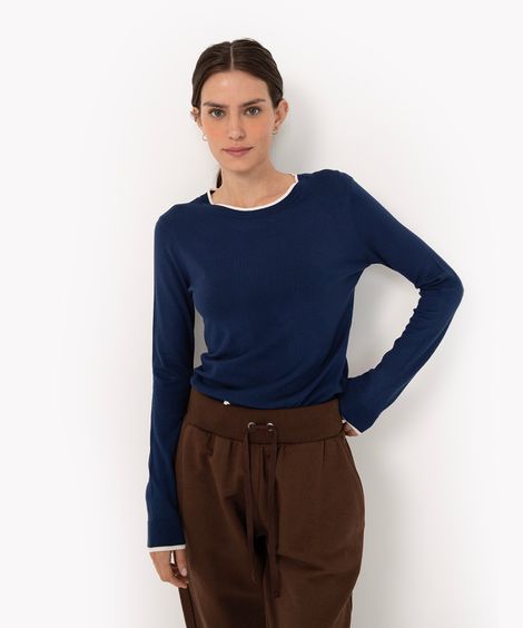Suéter de Tricô Feminino Básico Bicolor Decote Redondo Azul Escuro
