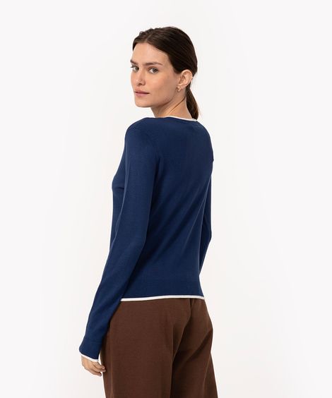 Suéter de Tricô Feminino Básico Bicolor Decote Redondo Azul Escuro