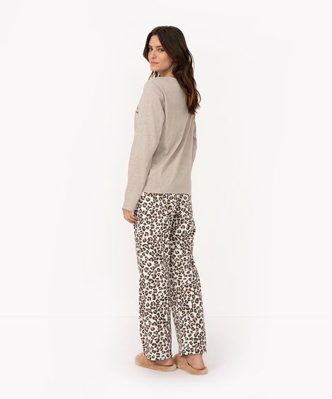 pijama manga longa com calça animal print marrom