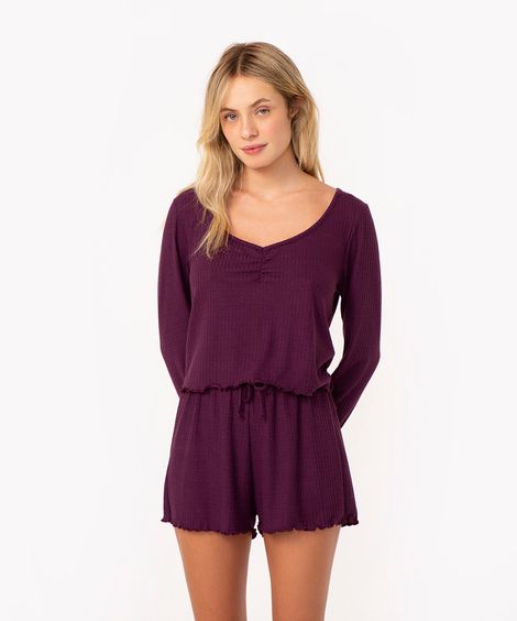 pijama canelado manga longa roxo