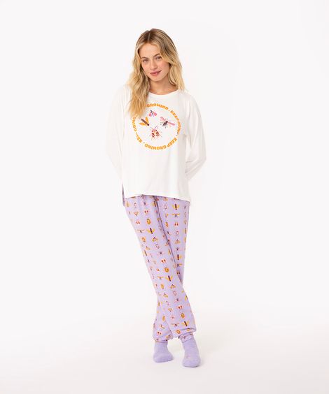 pijama manga longa com calça insetos lilás