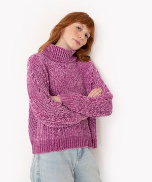 suéter de tricô chenile gola alta roxo