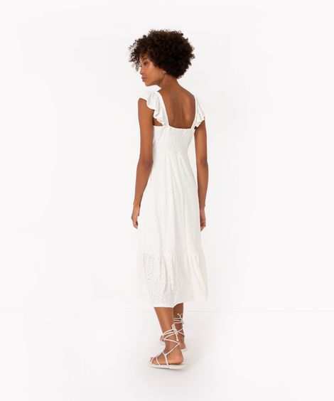 vestido midi de laise decote reto alça média off white