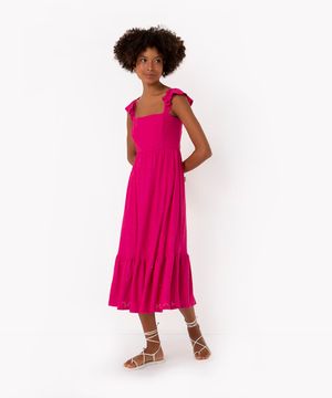 vestido midi de laise decote reto alça média pink