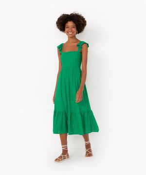 vestido midi de laise decote reto alça média verde