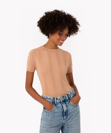 blusa de tricô canelada manga curta bege claro