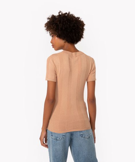 blusa de tricô canelada manga curta bege claro