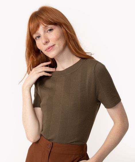 blusa de tricô canelada manga curta verde militar