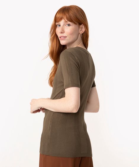 blusa de tricô canelada manga curta verde militar