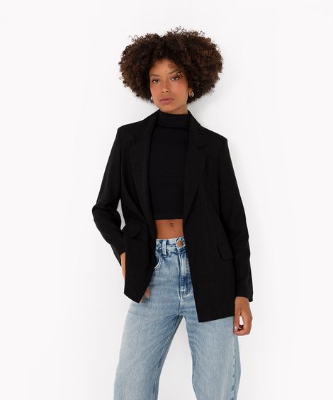 blazer alongado com linho manga longa preto