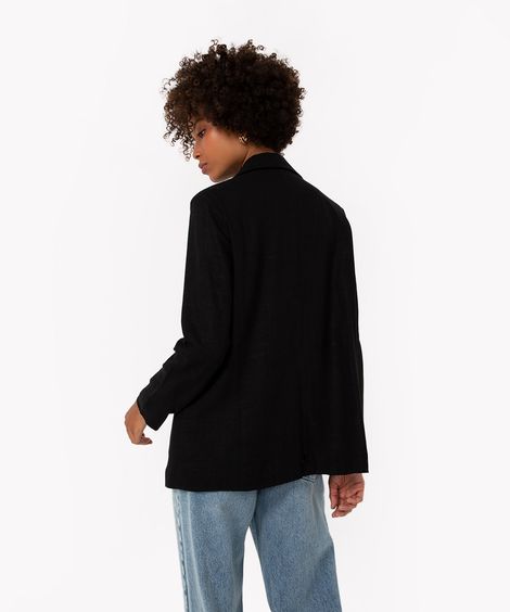 blazer alongado com linho manga longa preto