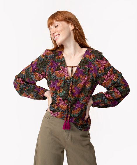 blusa de viscose animal print com cordão manga longa multicor