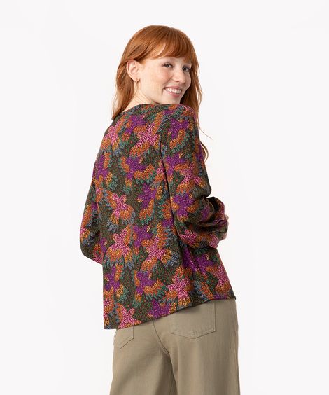blusa de viscose animal print com cordão manga longa multicor