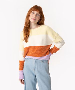 suéter de tricô manga chenile listrado multicor