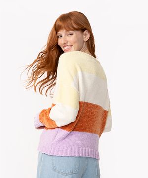 suéter de tricô manga chenile listrado multicor