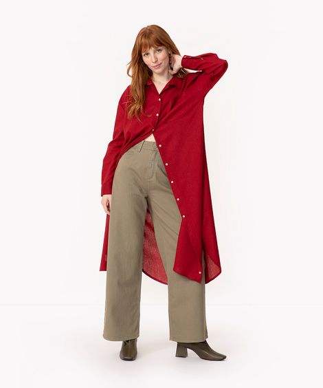 vestido chemise longo com linho manga longa vinho