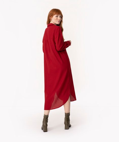 vestido chemise longo com linho manga longa vinho