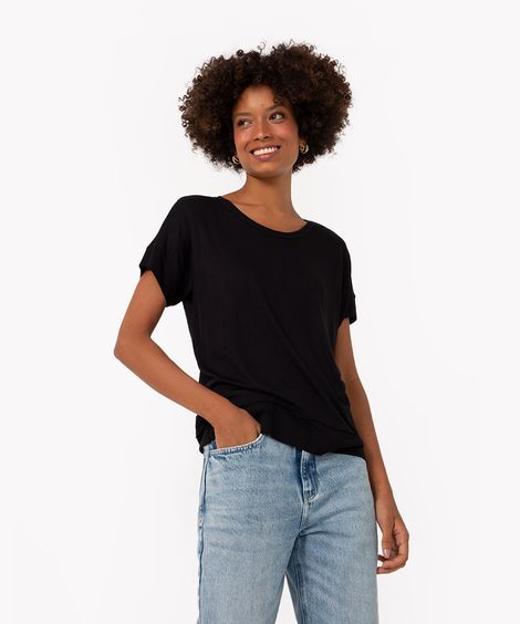blusa de tricô com recorte e manga curta preto