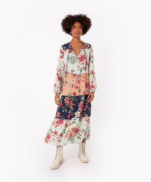 vestido longo de viscose floral manga longa azul marinho