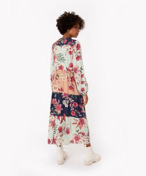 vestido longo de viscose floral manga longa azul marinho