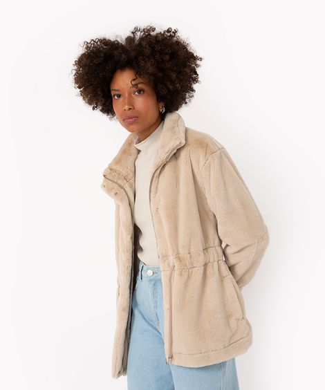 jaqueta parka de pelúcia com bolsos bege