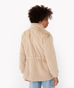 jaqueta parka de pelúcia com bolsos bege