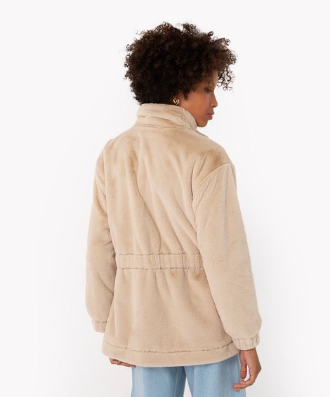 jaqueta parka de pelúcia com bolsos bege
