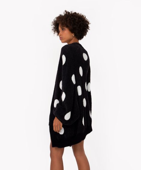 cardigan de tricô pelinho alongado poá preto