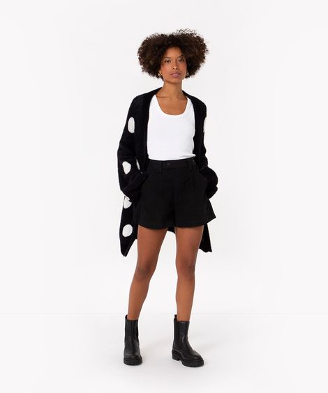short de sarja long cintura super alta com pregas preto