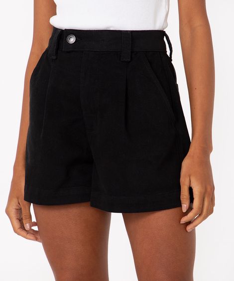 short de sarja long cintura super alta com pregas preto