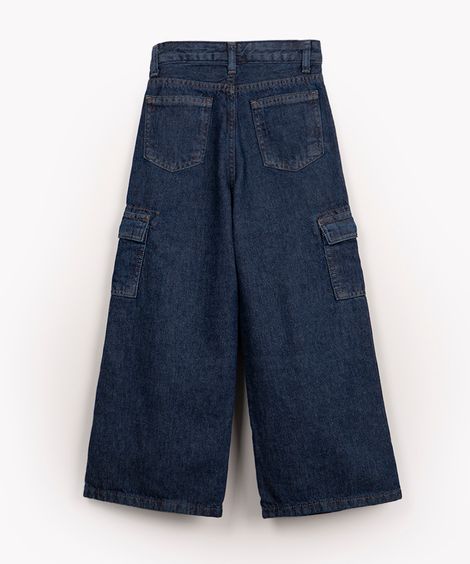 calça jeans ciclos reta cargo com recortes azul escuro
