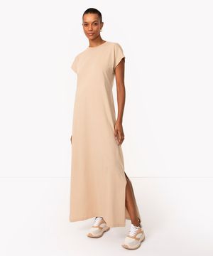 vestido de algodão longo com fenda bege