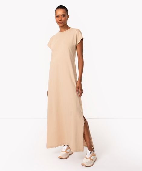 vestido de algodão longo com fenda bege