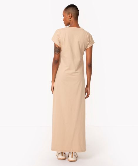 vestido de algodão longo com fenda bege