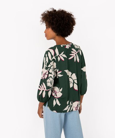 blusa de viscose floral manga longa verde escuro