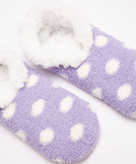 meia de pelúcia poá com antiderrapante roxo