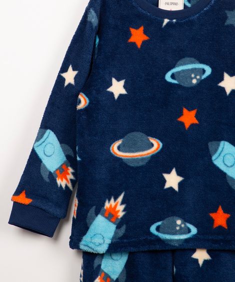 pijama infantil de pelúcia espaço manga longa com meia azul marinho