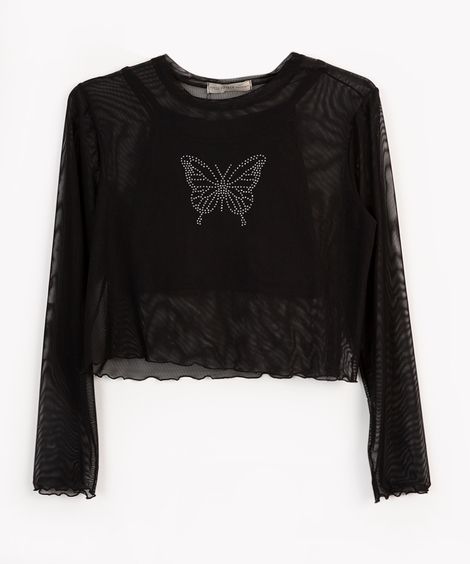 blusa juvenil de tule cropped borboleta preto