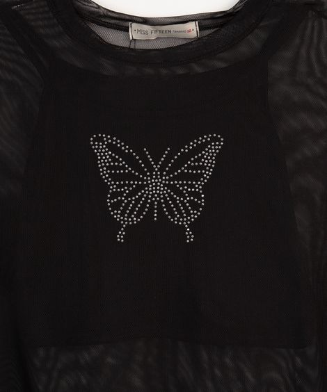blusa juvenil de tule cropped borboleta preto