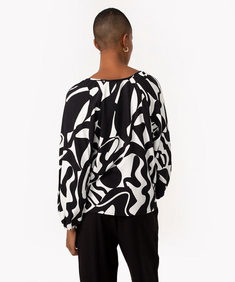 bata de viscose abstrata decote v manga bufante preto