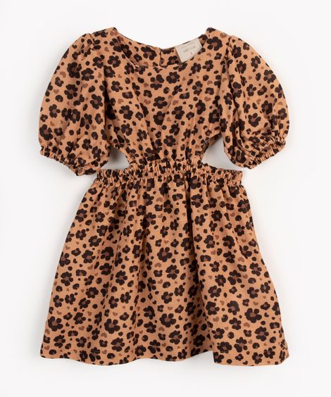 vestido infantil de viscose animal print bege escuro